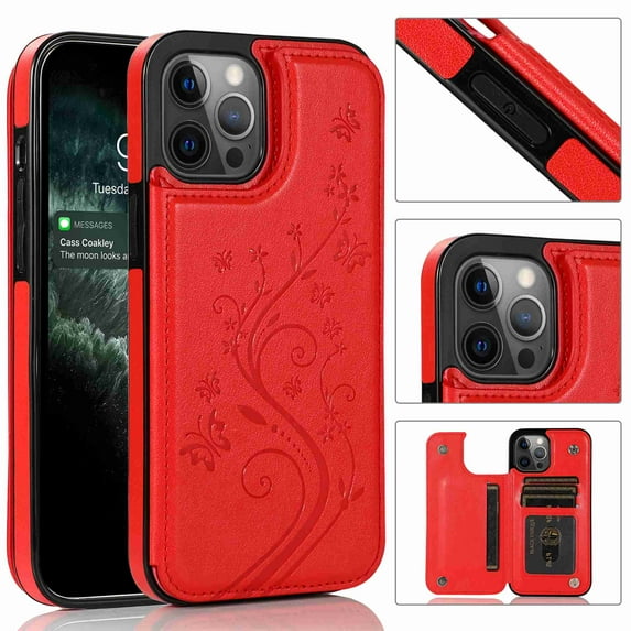 Dteck for iPhone 13 Pro Max Wallet Case with Card Holder, Butterfly Flower Embossed Faux Leather Kickstand Card Slots Case, Handmade Shockproof Protective Slim Soft Flip Phone Case 2021 6.7", Red
