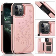 Dteck for iPhone 13 Pro Max Wallet Case with Card Holder, Butterfly Flower Embossed Faux Leather Kickstand Card Slots Case, Handmade Shockproof Protective Slim Soft Flip Phone Case 2021 6.7", Rosegold