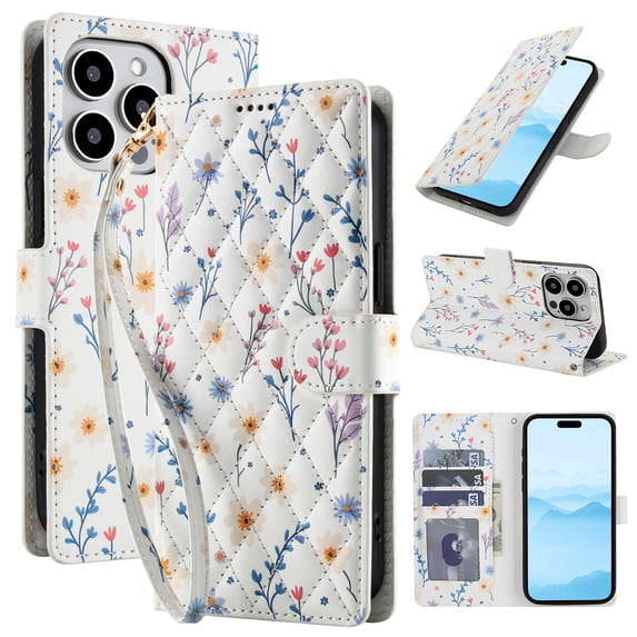 Dteck for iPhone 13 Pro Max Wallet Case with Card Holder, Shockproof PU Leather Flip Cover with RFID Blocking Protective Phone Case with 3 Card Slots Kickstand & Wrist Strap for Women and Men, E