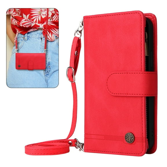 Dteck for iPhone 13 Pro Max Wallet Case with Card Holder, Soft PU Leather Handbag Purse Zipper Pocket Card Holder Wallet for Women Men, Crossbody Wallet Phone Case with Strap, Red