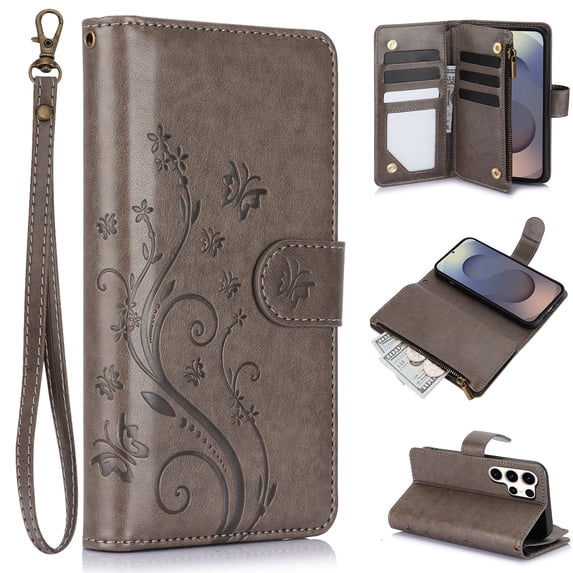 Dteck for iPhone 13 Pro Max Wallet Case, Embossed Butterfly PU Leather Phone Case Women Men Flip Cover Wrist Strap Zipper Credit Card Holder Slots for iPhone 13 Pro Max,Gray