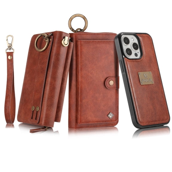 Dteck for iPhone 13 Pro Max Wallet Case, Heavy Duty 2 in 1 Leather Zipper Purse Detachable Magnetic 14 Card Slots Money Pocket Clutch Cover for Apple iPhone 13 Pro Max,Brown