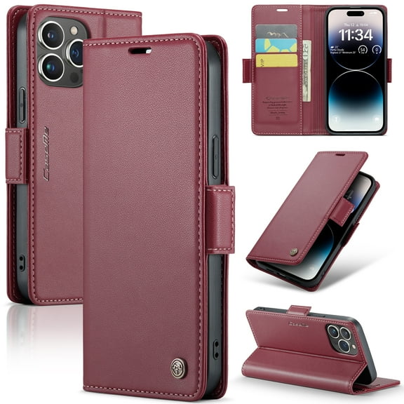 Dteck for iPhone 13 Pro Max Wallet Case PU Leather Case Book Folding Flip Case with Kickstand Credit Card Slot Magnetic Closure Protective Cover for iPhone 13 Pro Max 6.7 inch, Wine