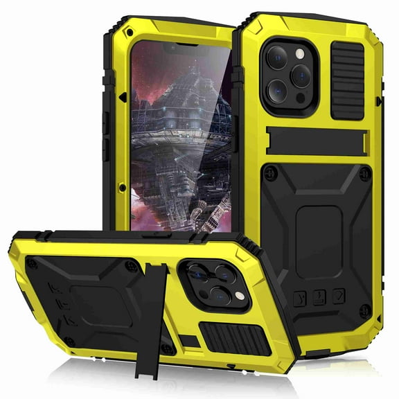 Dteck iPhone 13 Pro Metal case with Kickstand Screen Protector Case Sturdy Military Armor Durable Full Body Heavy Duty Shockproof Drop Tested Outdoor Case for iPhone 13 Pro (Yellow)