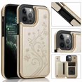 thumbnail image 1 of Dteck for iPhone 13 Pro Wallet Case with Card Holder, Butterfly Flower Embossed Faux Leather Kickstand Card Slots Case, Handmade Shockproof Protective Slim Soft Flip Phone Case 2021 6.1", Gold, 1 of 6