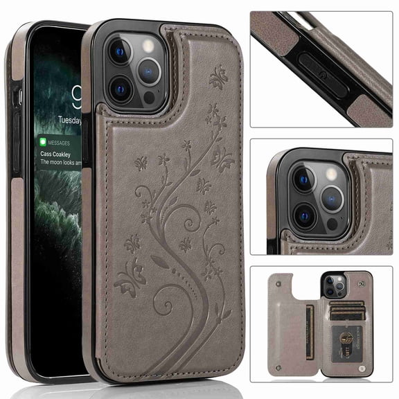 Dteck for iPhone 13 Pro Wallet Case with Card Holder, Butterfly Flower Embossed Faux Leather Kickstand Card Slots Case, Handmade Shockproof Protective Slim Soft Flip Phone Case 2021 6.1", Grey
