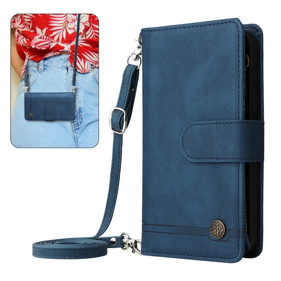 Dteck for iPhone 13 Pro Wallet Case with Card Holder, Soft PU Leather Handbag Purse Zipper Pocket Card Holder Wallet for Women Men, Crossbody Wallet Phone Case with Strap, Blue