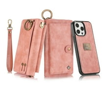 Dteck for iPhone 13 Pro Wallet Case, Heavy Duty 2 in 1 Leather Zipper Purse Detachable Magnetic 14 Card Slots Money Pocket Clutch Cover for Apple iPhone 13 Pro,Pink