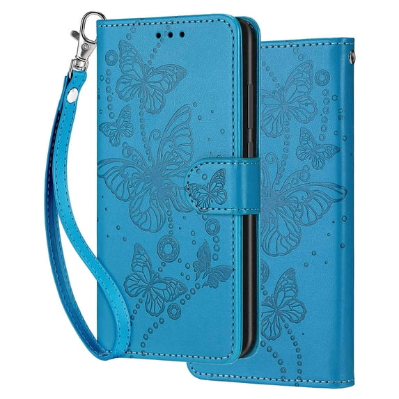 Dteck for iPhone 13 Pro Wallet Case for Women Girls, Embossed Flip Kickstand Cover with Card Holder Shockproof Phone Case with Wrist Strap for iPhone 13 Pro,Blue Butterfly
