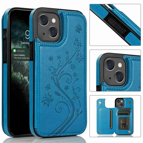 Dteck for iPhone 13 Wallet Case with Card Holder, Butterfly Flower Embossed Faux Leather Kickstand Card Slots Case, Handmade Shockproof Protective Slim Soft Flip Phone Case 2021 6.1", Blue