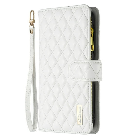 Dteck for iPhone 13 Wallet Case with Card Holder, Sturdy PU Leather Case for Women Men Magnetic Flip Zipper Wristlet Strap Kickstand Phone Case for iPhone 13,White