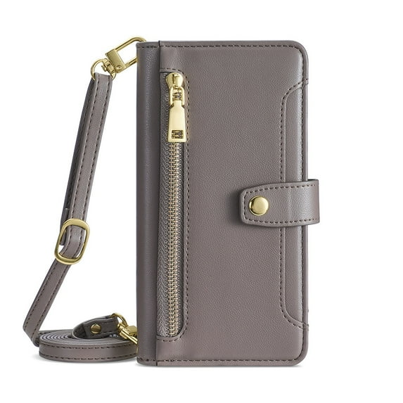 Dteck for iPhone 13 Wallet Case Crossbody, Zipper Phone Case with Card Holder Large Capacity Wrist Strap Leather Purse Cover for Women Men for iPhone 13,Gray