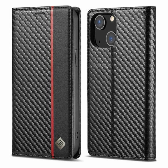 Dteck for iPhone 13 Wallet Case, Magnetic PU Leather Stand Flip Cover with Carbon Fiber Texture Shockproof Card Slot TPU Interior Folio Case for iPhone 13 6.1-inch 2021, #1 Black