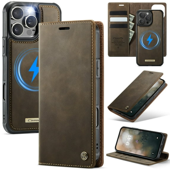 Dteck for iPhone 13 Wallet Case, Shockproof 2-in-1 Magnetic Detachable PU Leather Folio Cover with Card Slots RFID Blocking Stand Flip Protective Cover, Coffee