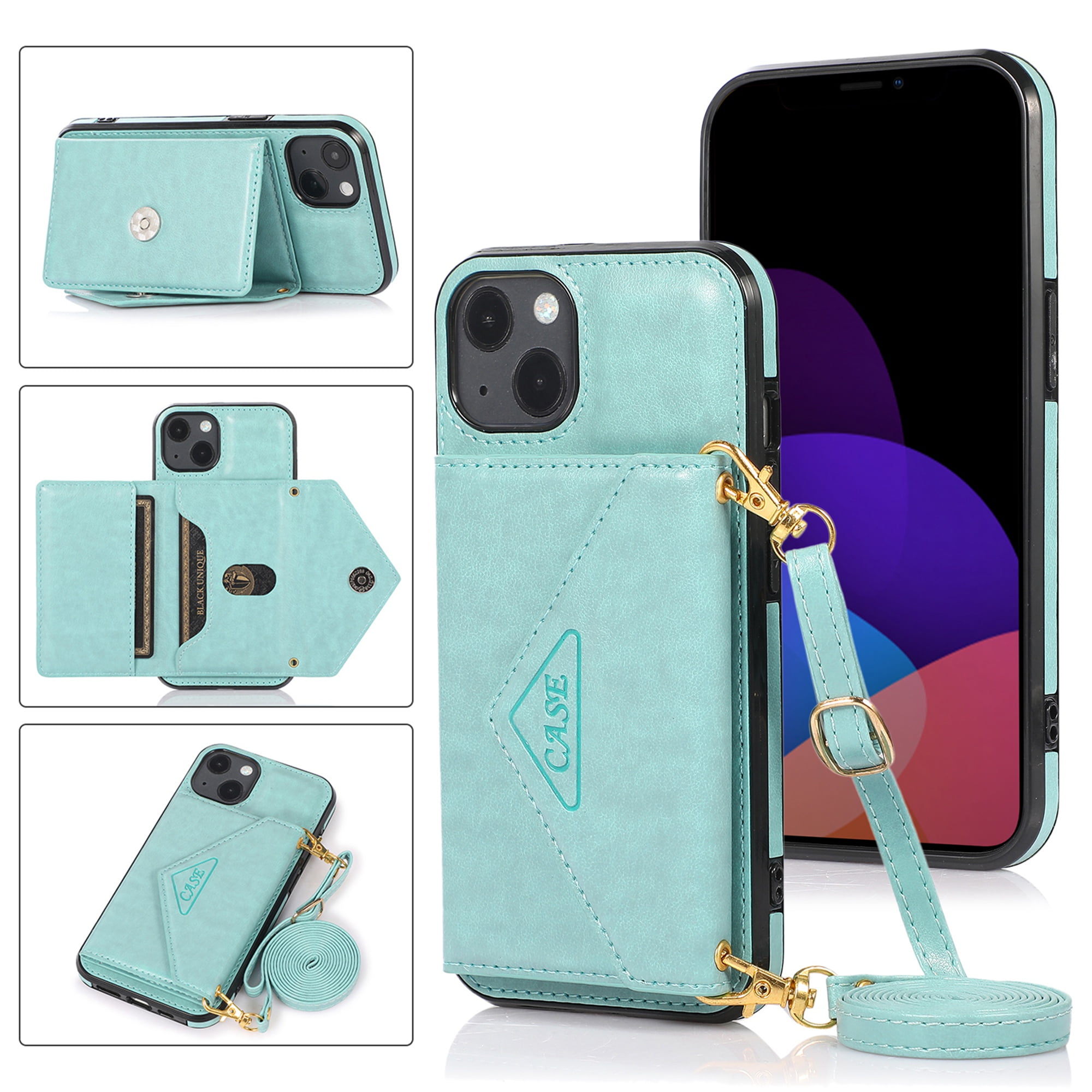 Dteck for iPhone 13 mini Crossbody Wallet Case PU Leather Phone Case with Card Holder Shoulder Strap Purse Cover for Women Men Compatible with iPhone 13 mini Mint Walmart Business Supplies