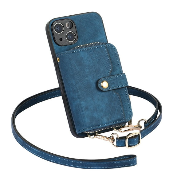 Dteck iPhone 13 mini Crossbody Wallet Case, Zipper PU Leather Phone Case with Card Holder Wrist Strap Purse Cover for iPhone 13 mini,Blue