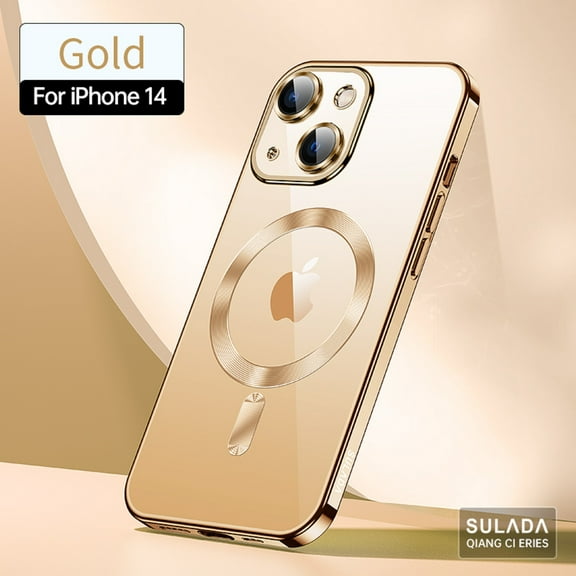 Dteck for iPhone 14 6.1 Inch Strong MagSafe Magnetic Clear Case, HD Glass Lens Film Protection Wireless Charging Airbag Protection Shockproof Anti-drop Not-Yellowing Slim Case for iPhone 14,Gold