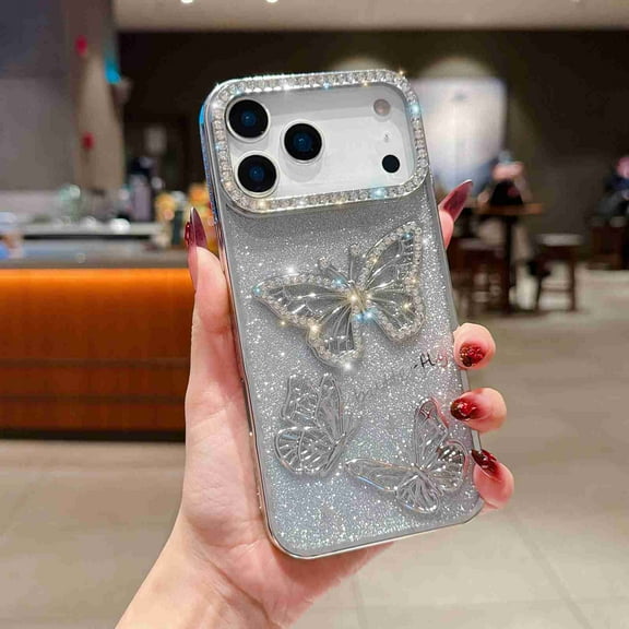 Dteck for iPhone 14 Bling Diamond Butterfly Case, Cute Luxury Sparkle Glitter Diamond Crystal Rhinestone Protective Case Cover for Girls Women Kids, Silver