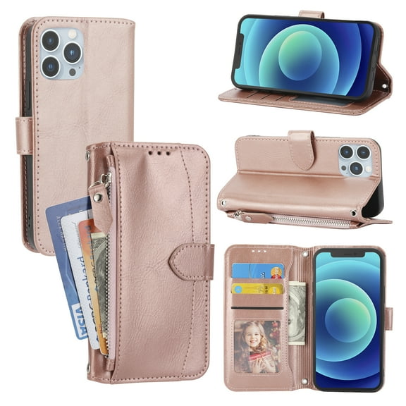 Dteck for iPhone 14 Card Slots Case,360 Protection Shockproof Luxury PU Leather Magnetic Closure Zipper Flip Kickstand Wallet with Detachable Crossbody Strap Cover.For iPhone 14,Rosegold