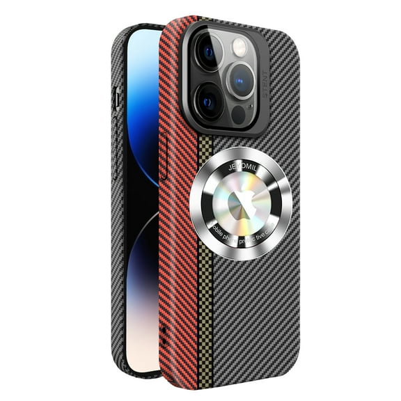 Dteck for iPhone 14 Case with Carbon Fiber Texture, MagSafe-Compatible Case with Built-in Stand Camera Lens Protector, Slim Shockproof Protective Cover with Logo Window,Black Red