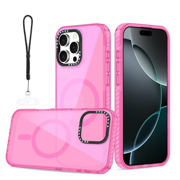 Dteck for iPhone 14 Case with Magnetic, Compatible with MagSafe, Anti-Yellowing Military-Grade Protection Shockproof Translucent Back Cover with Wrist Strap, Pink