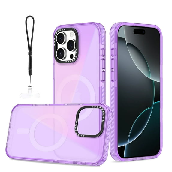 Dteck for iPhone 14 Case with Magnetic, Compatible with MagSafe, Anti-Yellowing Military-Grade Protection Shockproof Translucent Back Cover with Wrist Strap, Purple