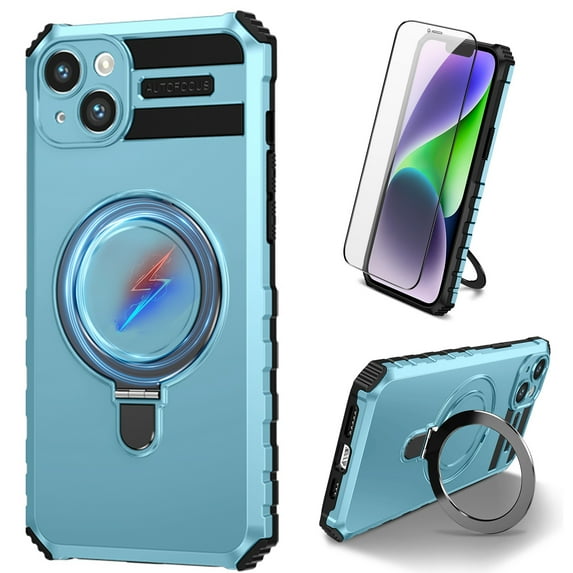 Dteck for iPhone 14 Case with Magnetic Invisible Stand, Compatible with MagSafe, Glass Screen Protector + Camera Protector Shockproof Rugged Case Cover for iPhone 14,Blue