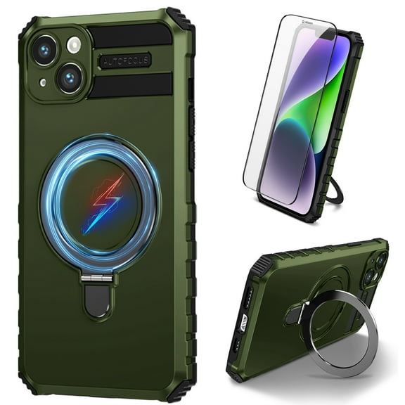 Dteck for iPhone 14 Case with Magnetic Invisible Stand, Compatible with MagSafe, Glass Screen Protector + Camera Protector Shockproof Rugged Case Cover for iPhone 14,Green