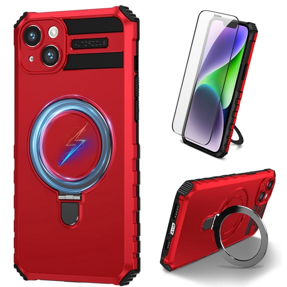 Dteck for iPhone 14 Case with Magnetic Invisible Stand, Compatible with MagSafe, Glass Screen Protector + Camera Protector Shockproof Rugged Case Cover for iPhone 14,Red