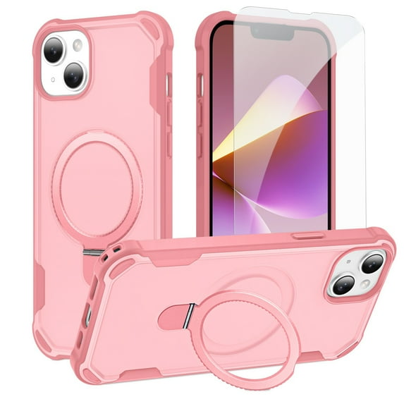 Dteck for iPhone 14 Case with Screen Protector, Compatible with MagSafe Shockproof Invisible Magnetic Ring Stand Military-Grade Heavy Duty Protection Phone Case, Pink