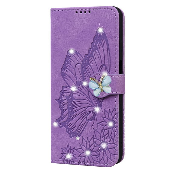 Dteck for iPhone 14 Case Wallet with Credit Card Slots Sparkle Diamond Rhinestone Butterfly Cute for Girls PU Leather Magnetic Closure Folio Flip Phone Cover for iPhone 14,Purple