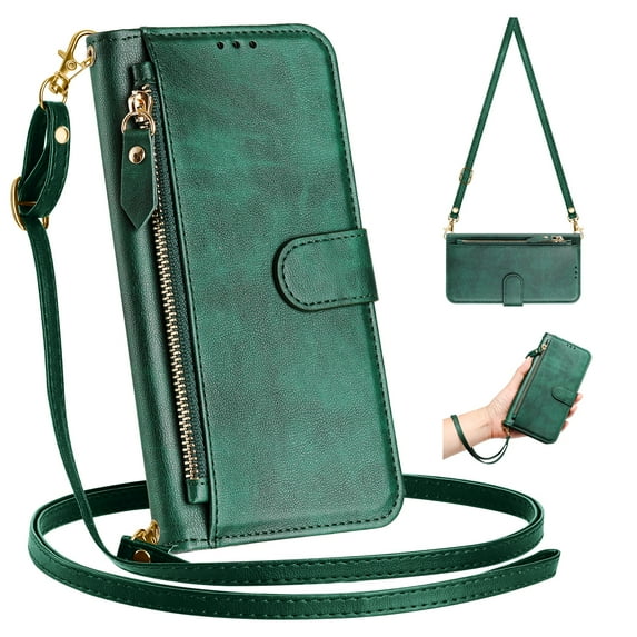 Dteck for iPhone 14 Case for Women, Crossbody Wallet Phone Case with Card Holder, PU Leather Magnetic Closure Flip Zipper Strap Wallet Phone Case,Darkgreen