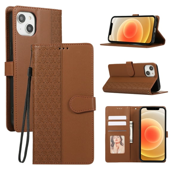 Dteck for iPhone 14 Flip Wallet Case,Magnetic Leather Card Slots Pattern Case Shockproof TPU Kickstand Full Body Protection Cover with Wrist Strap for iPhone 14,Brown