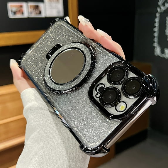 Dteck for iPhone 14 Magnetic Kickstand Glitter Case, Four Corners Shockproof Luxury Bling Glitter Paper 2 in 1 for Women Girls Plating Ring Stand Cover, Black