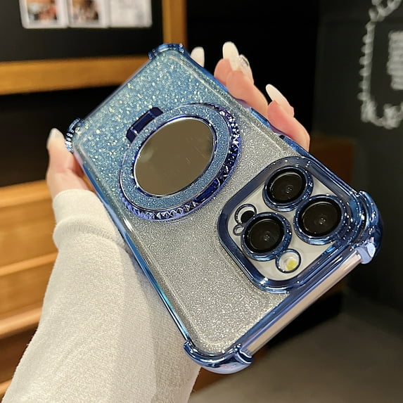 Dteck for iPhone 14 Magnetic Kickstand Glitter Case, Four Corners Shockproof Luxury Bling Glitter Paper 2 in 1 for Women Girls Plating Ring Stand Cover, Blue