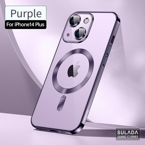 Dteck for iPhone 14 Plus 6.7 Inch Strong MagSafe Magnetic Clear Case, HD Glass Lens Film Protection Wireless Charging Airbag Protection Shockproof Anti-drop Not-Yellowing Slim Case,Purple