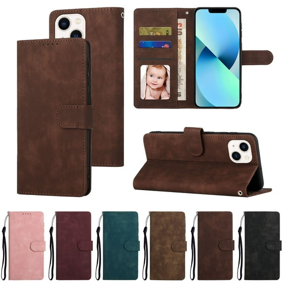 Dteck iPhone 14 Plus 6.7" Wallet Case for Men Women, PU Leather Card Holder Wristlet Lanyard Shockproof Slim Kickstand Flip Folio Business Cover Case for Apple iPhone 14 Plus 6.7 inch 2022, Coffee