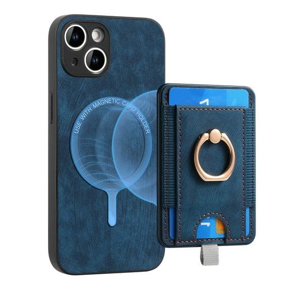 Dteck for iPhone 14 Plus Case, 2 in 1 Magnetic Wallet with Phone Grip, Compatible with MagSafe, Detachable Premium PU Leather Magnetic Case with Card Slots Ring Holder,Blue