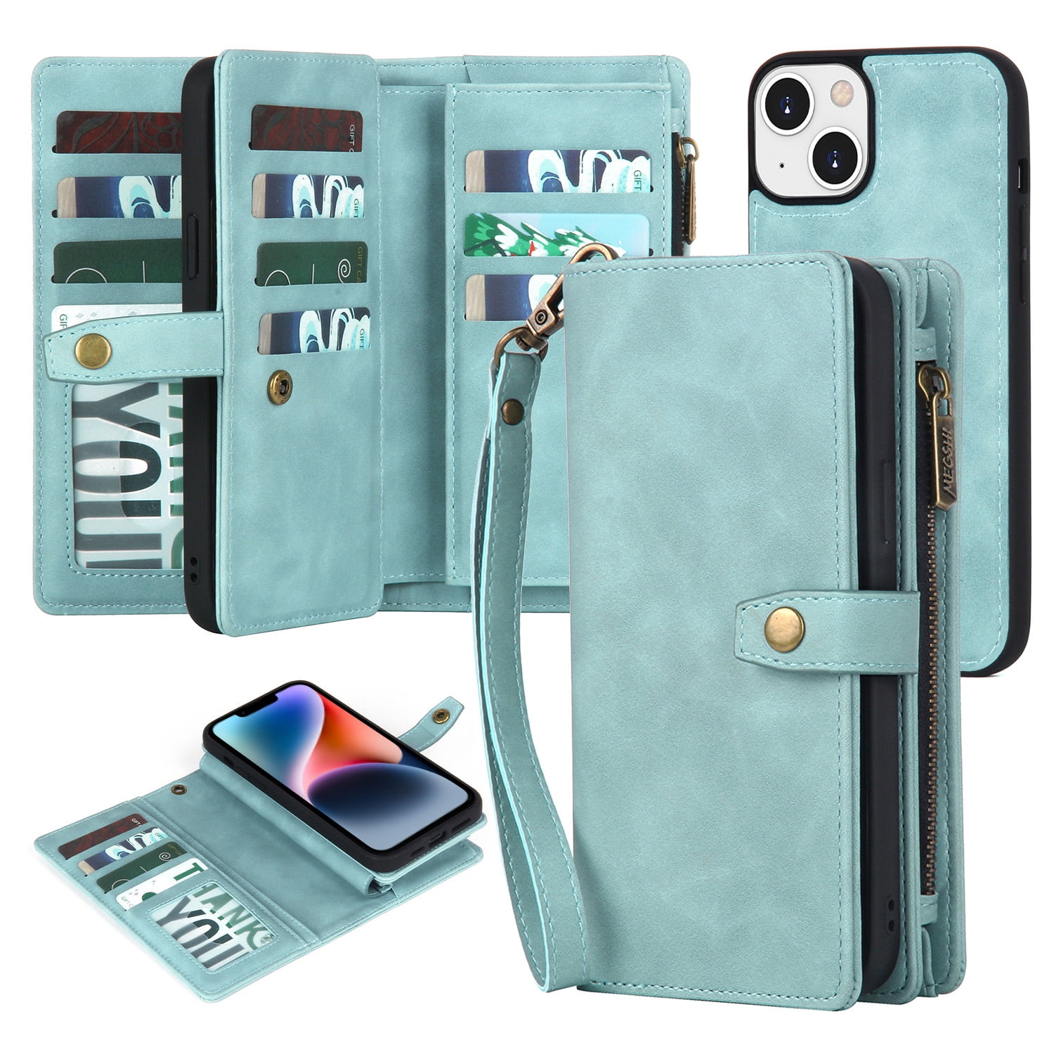 Dteck for iPhone 14 Plus Case, iPhone 14 Plus Case Wallet for Women Men, Durable PU Leather Magnetic Flip Lanyard Strap Wristlet Zipper Card Holder Phone Cases for iPhone 14 Plsu 6.7 Inch,Blue