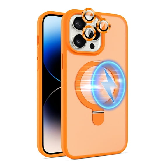 Dteck for iPhone 14 Plus Case with Magnetic Invisible Stand & Metal Glass Camera Lens Protector, Compatible with MagSafe, Military Drop Protection Shockproof Translucent Matte Cover Ring Holder,Orange