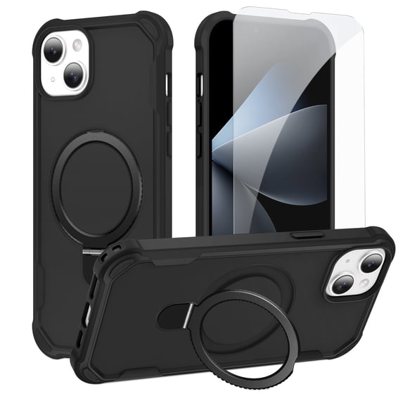 Dteck for iPhone 14 Plus Case with Screen Protector, Compatible with MagSafe Shockproof Invisible Magnetic Ring Stand Military-Grade Heavy Duty Protection Phone Case, Black