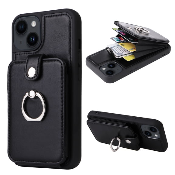 Dteck for iPhone 14 Plus Case Wallet with Card Holder, 360°Rotation Finger Ring Holder Kickstand, PU Leather Protective Shockproof Phone Cover for iPhone 14 Plus 6.7 Inch,Black