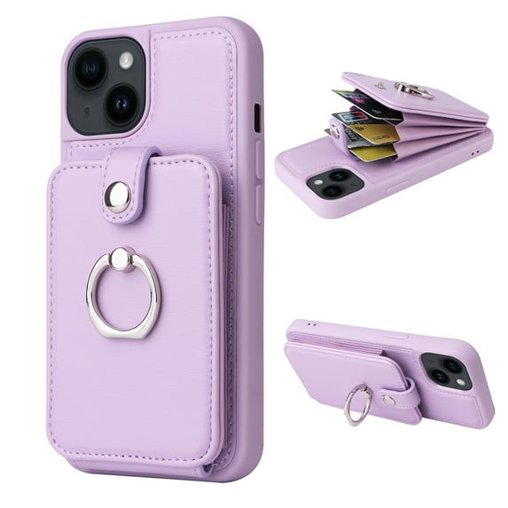 Dteck for iPhone 14 Plus Case Wallet with Card Holder, 360°Rotation Finger Ring Holder Kickstand, PU Leather Protective Shockproof Phone Cover for iPhone 14 Plus 6.7 Inch,Purple