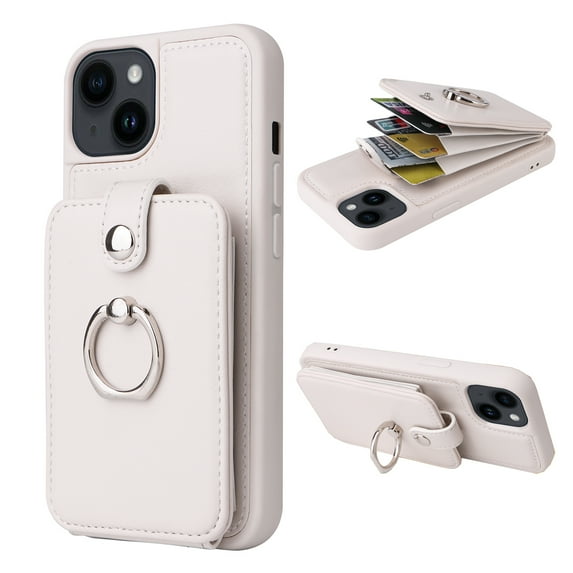 Dteck for iPhone 14 Plus Case Wallet with Card Holder, 360°Rotation Finger Ring Holder Kickstand, PU Leather Protective Shockproof Phone Cover for iPhone 14 Plus 6.7 Inch,White