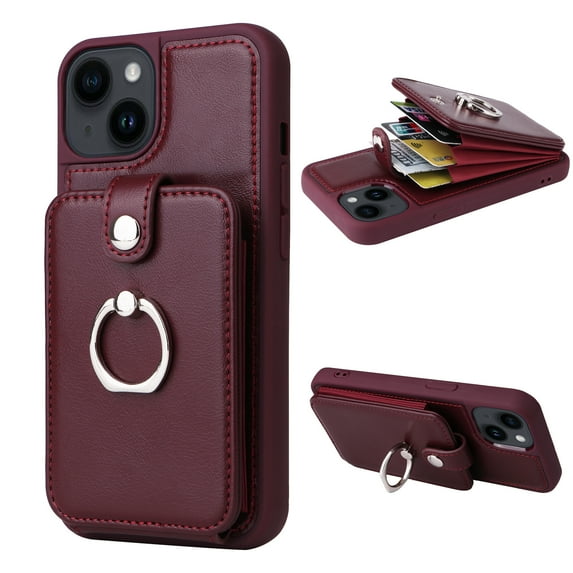 Dteck for iPhone 14 Plus Case Wallet with Card Holder, 360°Rotation Finger Ring Holder Kickstand, PU Leather Protective Shockproof Phone Cover for iPhone 14 Plus 6.7 Inch,Winered