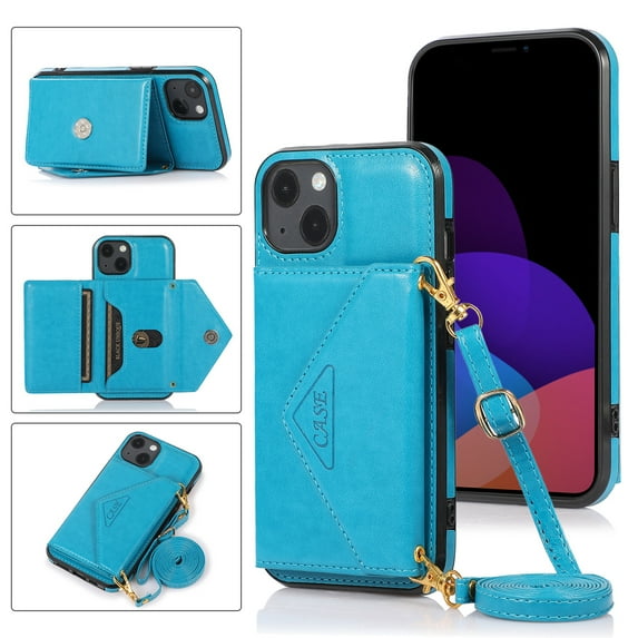 Dteck for iPhone 14 Plus Crossbody Wallet Case, PU Leather Phone Case with Card Holder Shoulder Strap Purse Cover for Women Men Compatible with iPhone 14 Plus,Blue