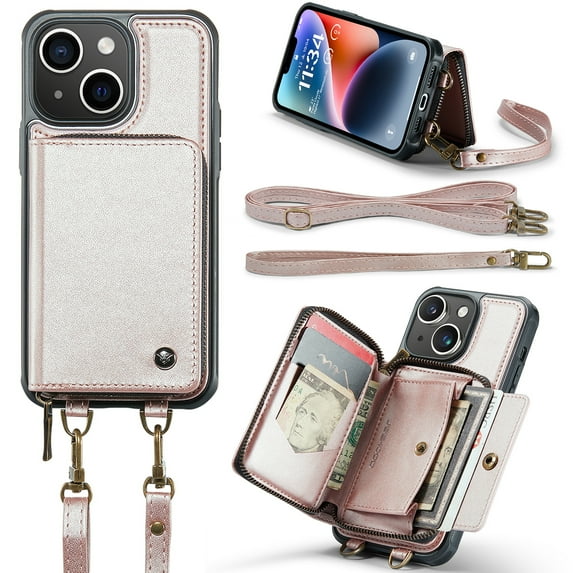 Dteck iPhone 14 Plus Wallet Case 6.7" Crossbody, Zipper Phone Case with RFID Blocking Card Holder Wrist Strap Leather Purse Cover Gift for Women for Apple iPhone 14 Plus, Pink