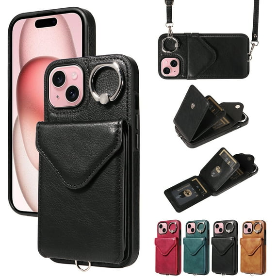 Dteck for iPhone 14 Plus Wallet Case with Card Holder, Durable PU Leather Protective Magnetic Closure Flip Cover with Crossbody Adjustable Strap 360° Kickstand for Women Men,Black