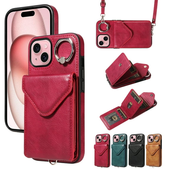 Dteck for iPhone 14 Plus Wallet Case with Card Holder, Durable PU Leather Protective Magnetic Closure Flip Cover with Crossbody Adjustable Strap 360° Kickstand for Women Men,Red