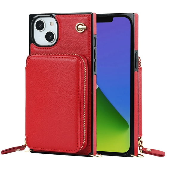 Dteck iPhone 14 Plus Wallet Case with Credit Card Holder Crossbody Strap Handbag RFID Blocking Wallet Zipper Purse Leather Case for Apple iPhone 14 Plus 6.7 inch 2022, Red